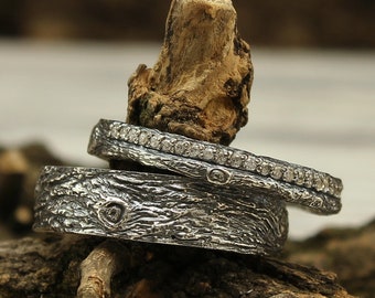 Baumrinde Ring-Set, Wald-Silberringe, Silberringe, Baumrindenringe, Silberschmuck, Partnerringe, Silberschmuck, Baumrindenringe