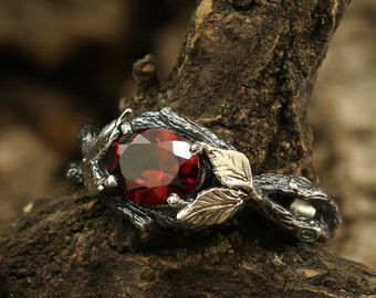 Leaf on the branch engagement garnet ring, Unique women's garnet ring, Leaves ring, Forest engagement ring, Oval cut ring, Sterling silver