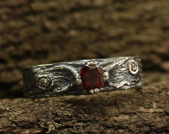 Tree bark silver ring with Garnet, Unique garnet ring, Rustic engagement ring, Wild nature ring, Womens mens silver band, 6mm tree bark ring