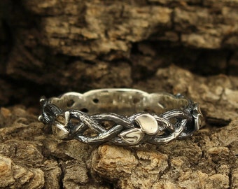 Twist tree silver ring with leaves, Braided branches sterling silver wedding band, Unique twisted silver ring, Mens womens wedding band