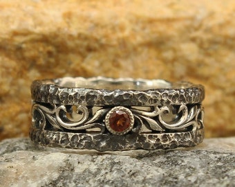 Garnet rock ring in silver with antique finish, Unique vine wedding ring, Hammered band in vintage style, Wild nature ring, Wide ring