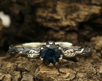 Topaz takje zilveren ring, tak en bladeren verlovingsring, London Blue Topaz ring, dames boomschors ring, blad en boom ring, verloofde cadeau