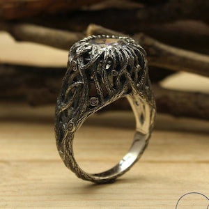 Large Gemstone & Silver Braided Branches Ring, Women&#39;s Statement Ring, Nature Engagement ring, Wild Forest Ring, Unique Wife Valentines Gift