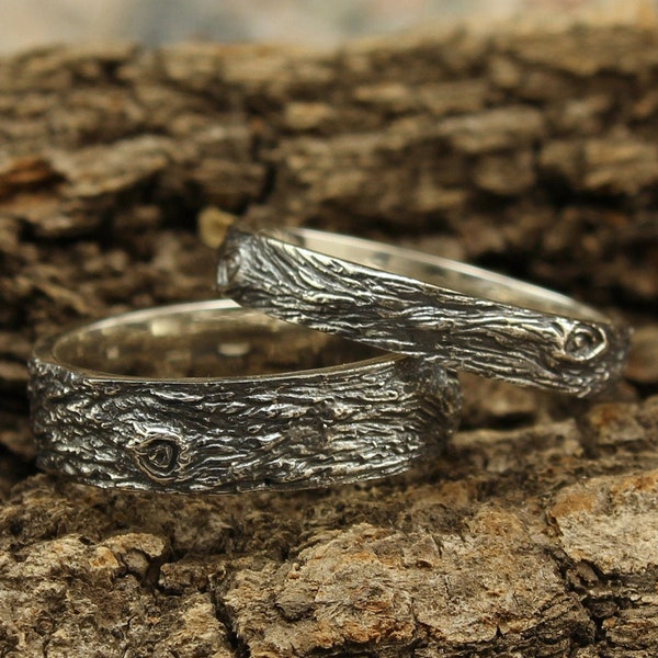 Wood bark wedding bands, Tree bark silver rings, Matching His Her nature inspired wedding rings, Knots silver rings, Wild tree silver set