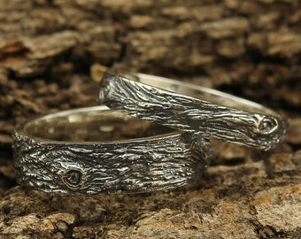 Wood bark wedding bands, Tree bark silver rings, Matching His Her nature inspired wedding rings, Knots silver rings, Wild tree silver set