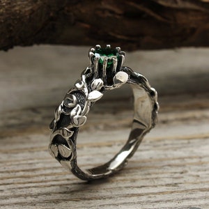 Unique branch and leaves silver engagement ring with Emerald, Twig and leaves engagement ring, Emerald engagement ring, Unusual branch ring