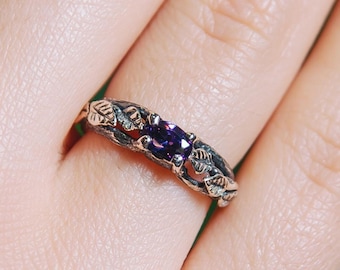 Oval Amethyst Tree Branch Engagement Ring Multiple Leaves Floral Nature Twig Forest Ring Custom Purple Gemstone Silver Leaf Wedding Band