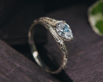 Elegant Silver Engagement Ring Pear Cut Diamond Cubic Zirconia and Tree Branch