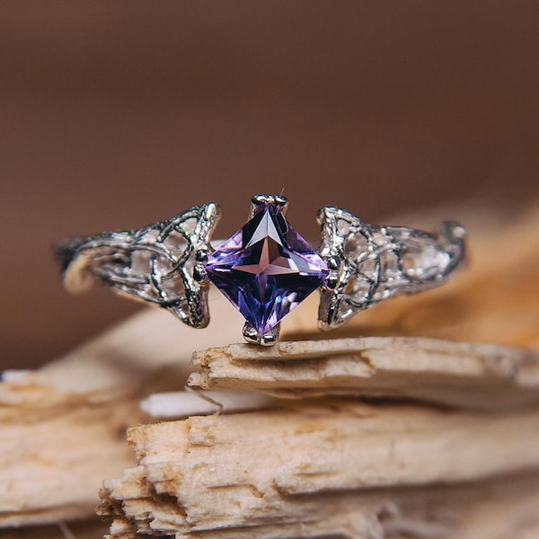 Bague de fiançailles celtique nature améthyste et branche d'arbre Trinity Silver style vintage anneau brindille infini Triquetra & pierres précieuses violettes carrées