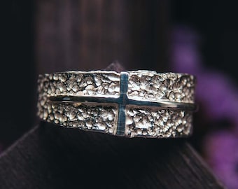 Unique Cross Ring - Sterling Silver Irregular Ring - Asymmetrical Wide Ring for Him - Hammered Knight Ring - Brutalist Jewelry