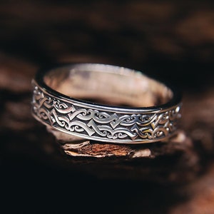 Engraved Viking Wedding Ring Sterling Silver Unique Mens Band Nordic Warrior Pattern Vintage Style Fantasy Braided Elements Celtic Alike