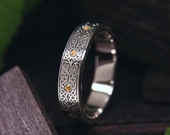 Celtic Eternity Ring with Natural Shiny Citrine Gems - Yellow Citrine Gemstone Ring - Celtic Knot Braided Ring for Women - Irish Jewelry