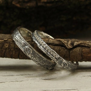 His and Her band set, Forest rings set, Tree bark bands, Couple rings, Sterling silver bands, Unusual rings, Unique rings set, Forest bands