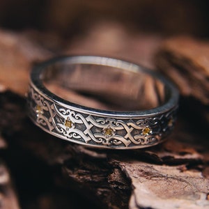 Citrien in zilver Viking-trouwring voor dames en heren Aangepaste fantasiering met meerdere edelstenen Uniek Scandinavisch patroon Vintage stijl Keltisch