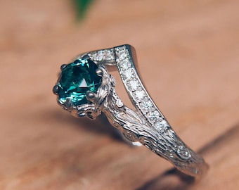London Blue Topaz Engagement Ring Tree and Chevron Curved Design with White Stones CZ