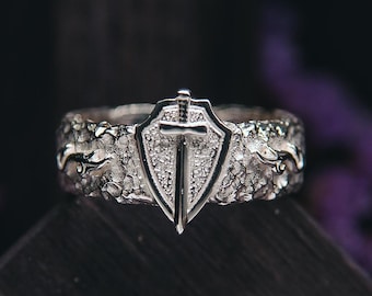 Solid Silver Sword Ring - Medieval Warrior Ring for Him - Hammered Durable Viking Ring - Statement Ring Brutalist Style - Leader Gifts
