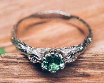 Dainty Shiny Silver Tree Branch and Small Leaf Engagement Ring wuth Green Quartz, Delicate Nature inspired Twig and Green Stone Ring