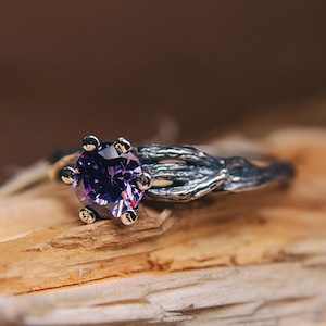 Twisted Silver Tree Branch Ring with Amethyst Fairy Forest themed Floral Band Unique Engagement Ring Nature inspired Сottagecore Purple Gem