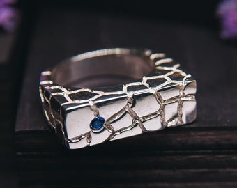 Sapphire Mens Ring Cracked & Brutalist - Statement Chunky Ring Durable Silver - Unique Textured Gemstone Ring - September Birthstone Ring