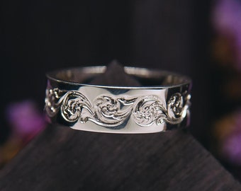 Vine Engraved Promise Ring - Handcrafted Vintage Jewelry - Chunky Silver Ring with Vine - Unisex Large Flat Ring Vintage Style