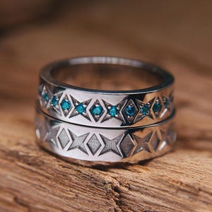 Alternative Wedding Bands Set for Couple with Blue Topaz in Engraved Stars Multi Gemstone Eternity Band Matching Promise Rings Set His Hers