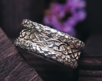 Handmade Silver Braided Ring with Celtic Pattern - Hammered Wedding Ring - Medieval Celtic Knot Ring - Unique Anniversary Gift