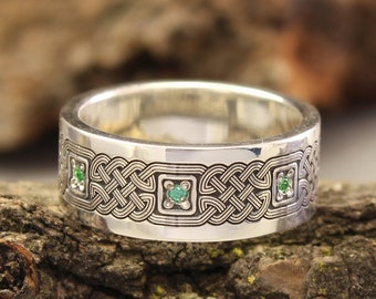 Modern Wide Celtic Wedding Band Multi Gemstone — Sterling Silver Emerald Ring Band with Irish Knots — Meaningful Chunky Ring for Him and Her