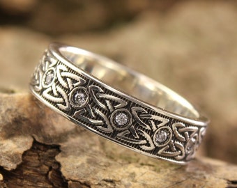 Sterling Silver Celtic Ring Vintage Style, Natural Diamond Ring for Her Him - Alternative Wedding Ring, Irish Jewelry, Custom Multi Gemstone