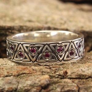 Stylish Triquetra and Ruby ring, Celtic Wedding Ring, Solid Silver Engraved Multi Gemstone Celtic Ring, Irish Jewelry Trinity ring, Unisex