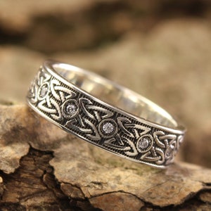 Sterling Silver Celtic Ring Vintage Style, Natural Diamond Ring for Her Him - Alternative Wedding Ring, Irish Jewelry, Custom Multi Gemstone
