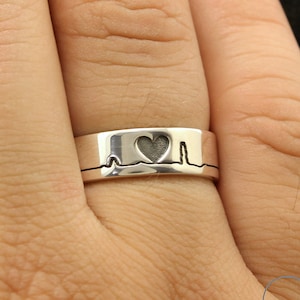 Heartbeat Wedding Ring Men - Sterling Silver Heart Ring Band - Pulse Wide Wedding Band - Love Ring Unique - Gift for Boyfriend Christmas