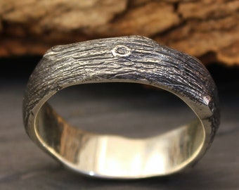 Tree bark and stumps silver wedding band, Unusual tree wedding ring for men and women, Rustic ring, Nature ring, Sterling silver band