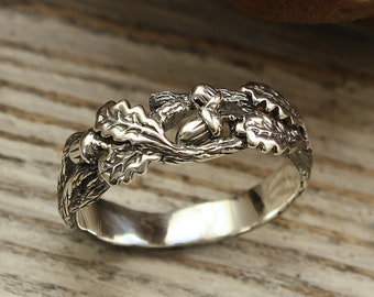 Acorns on a branch wedding band, Oak leaves wedding ring, Unique tree bark band, Wild nature ring, Sterling silver band, Anniversary gift