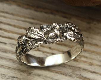 Glands sur une alliance de branche, bague de mariage de feuilles de chêne, bande d'écorce d'arbre unique, bague de nature sauvage, bande d'argent sterling, cadeau d'anniversaire