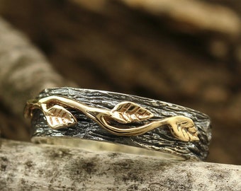 Leaves on the tree wedding band in mixed metals, Woodbark ring with three leaf, Nature band for man or woman, Wide tree bark wedding band