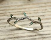 Tiny branch with leaves ring, Emerald engagement ring, Curved sterling silver ring, Woman 39 s dainty ring, Delicate twig ring, Gift for her