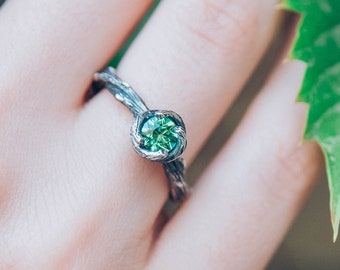 Green quartz and magic braided twig engagement ring. Women's twisted wedding band. Nature inspired tree branch ring. Perfect girlfriend gift