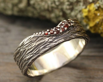 Tree Bark Wide Wedding Band with Garnets, Sterling Silver textured in Wood Ring for Men, Red Gemstones & Forest Nature inspired Ring for Her