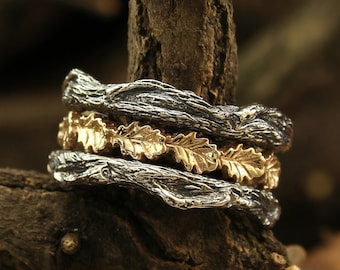 Oak leaves and branch wedding band, Unique tree bark band, 14k gold leaves ring, Branch heavy band, Mixed metals band, 12mm nature band