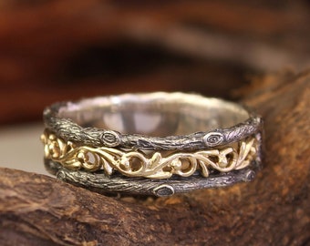 Vintage style gold vine and silver tree bark wedding band, Mixed metals wedding ring, Tree silver and gold ring, Unique tree band
