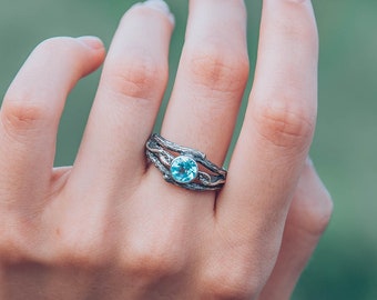 Branch and leaves topaz engagement ring, Unusual womens branch ring, Branch and leaves silver ring, Womens twig ring, Unique engagement ring