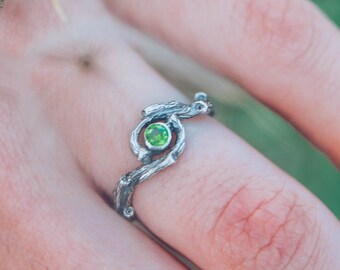 Twig Emerald engagement ring, Dainty Emerald ring, Tree small engagement ring, Emerald twig ring in silver, Womens branch ring, Unique gift