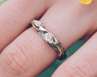 Unique branch with gold leaves wedding band, Rustic wedding ring in mixed metals, Leaf on twig band, Woman's nature ring, His tree bark band