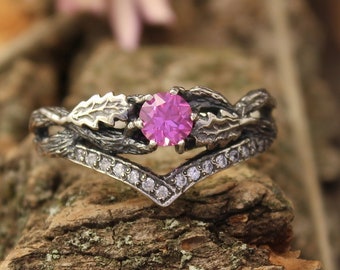 Chevron, Oak Leaves & Branch Engagement Ring with Pink Tourmaline and Small Stones for Her, Sterling Silver Tree V ring with Pink Gemstone