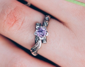 Amethyst flower on a silver dainty twig ring for her, Nature floral engagement ring with natural lilac gem, Handmade jewelry