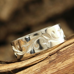 Unique man&#39;s vine wedding band, Vintage style wedding ring, Sterling silver band, 8mm durable wedding band, Gift for him, Anniversary gift
