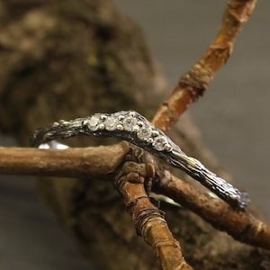 Op de afbeelding: Een zilveren trouwring met een rij kleine diamanten die in een takvormig ontwerp zijn gezet. De ring ligt op een tak met knoppen.