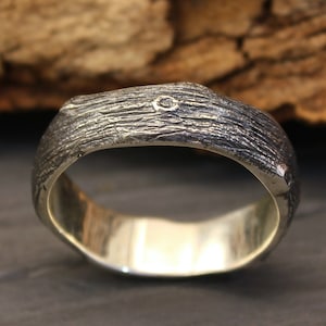 Tree bark and stumps silver wedding band, Unusual tree wedding ring for men and women, Rustic ring, Nature ring, Sterling silver band