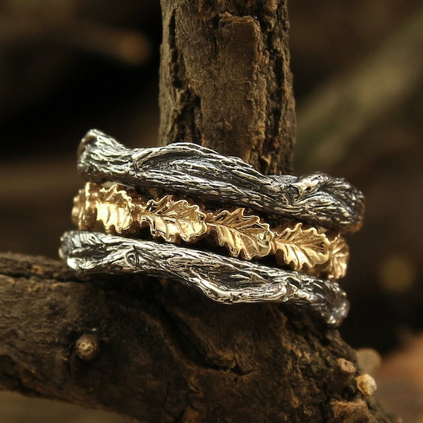 Oak leaves and branch wedding band, Unique tree bark band, 14k gold leaves ring, Branch heavy band, Mixed metals band, 12mm nature band