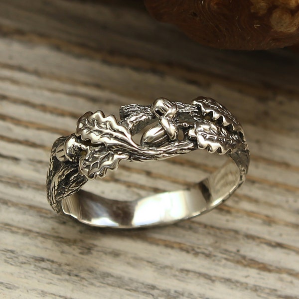 Eicheln auf einem Ast Ehering, Eichenlaub Ehering, Unikat Baumrinde Ring, Wild Natur Ring, Sterling Silber Band, Jubiläumsgeschenk